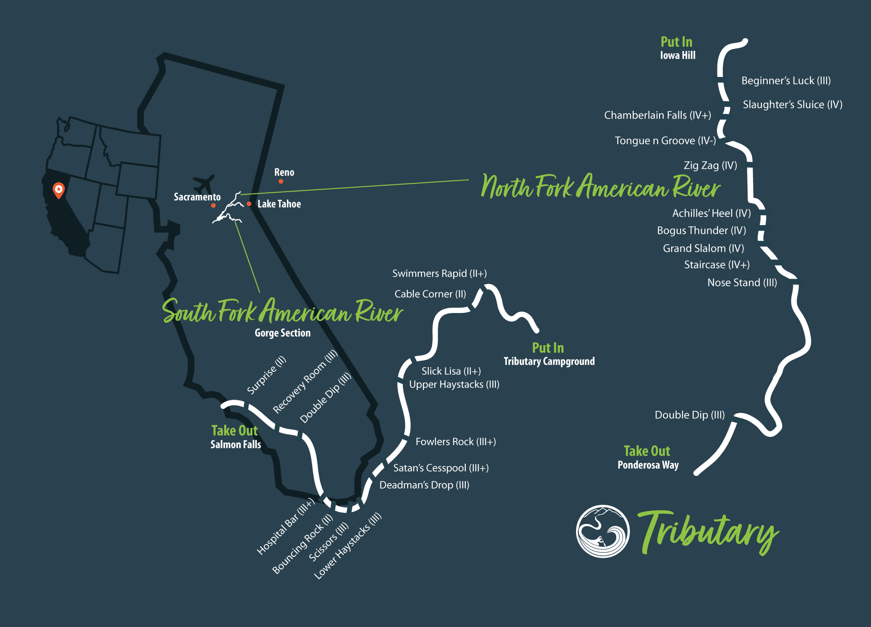 North Fork American River rafting map and South Fork American River rafting map with rapid names and classes.