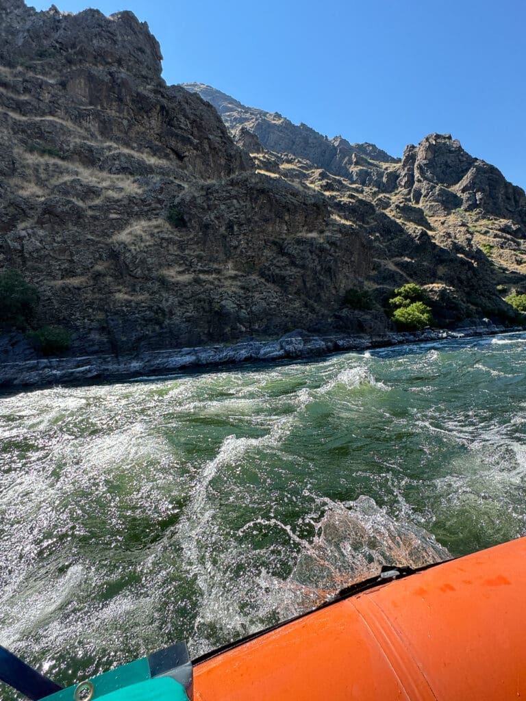 Whitewater of the Snake River with large rock face behind river. Small amount of orange rafting boat in foreground.